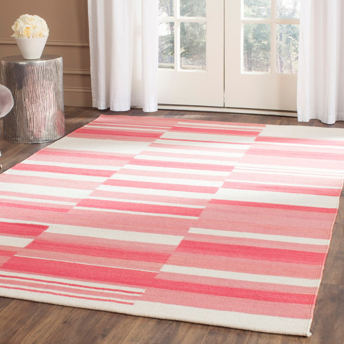 Ebern Designs Lobato Striped Handwoven Wool/Cotton Pink/Ivory Area Rug